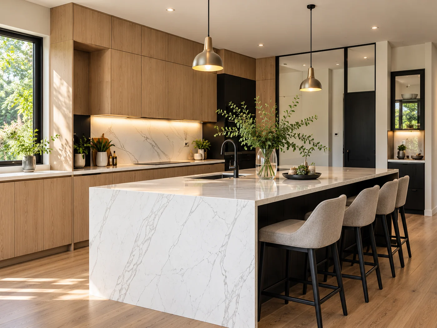 Oak kitchen with a marble island and naturally lit cabinetry